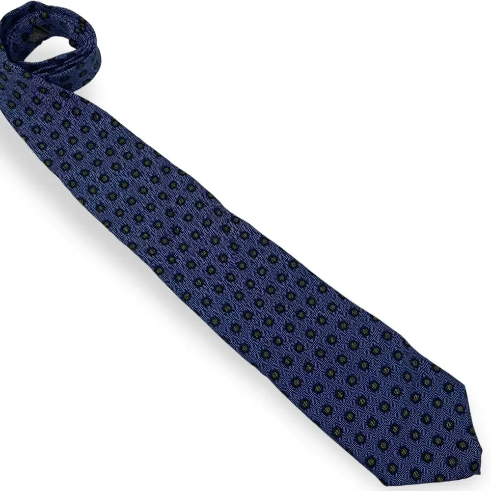 CALVIN KLEIN Blue Gold Silk Geometric Printed Tie